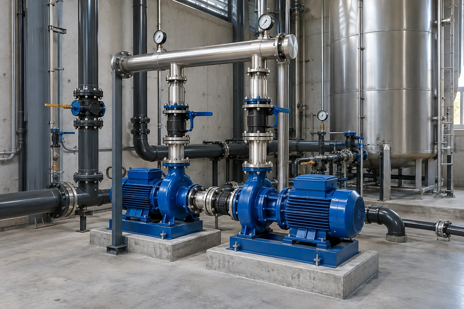 Cuarto técnico de referencia con bombas de presión, tuberías y tanque de almacenamiento