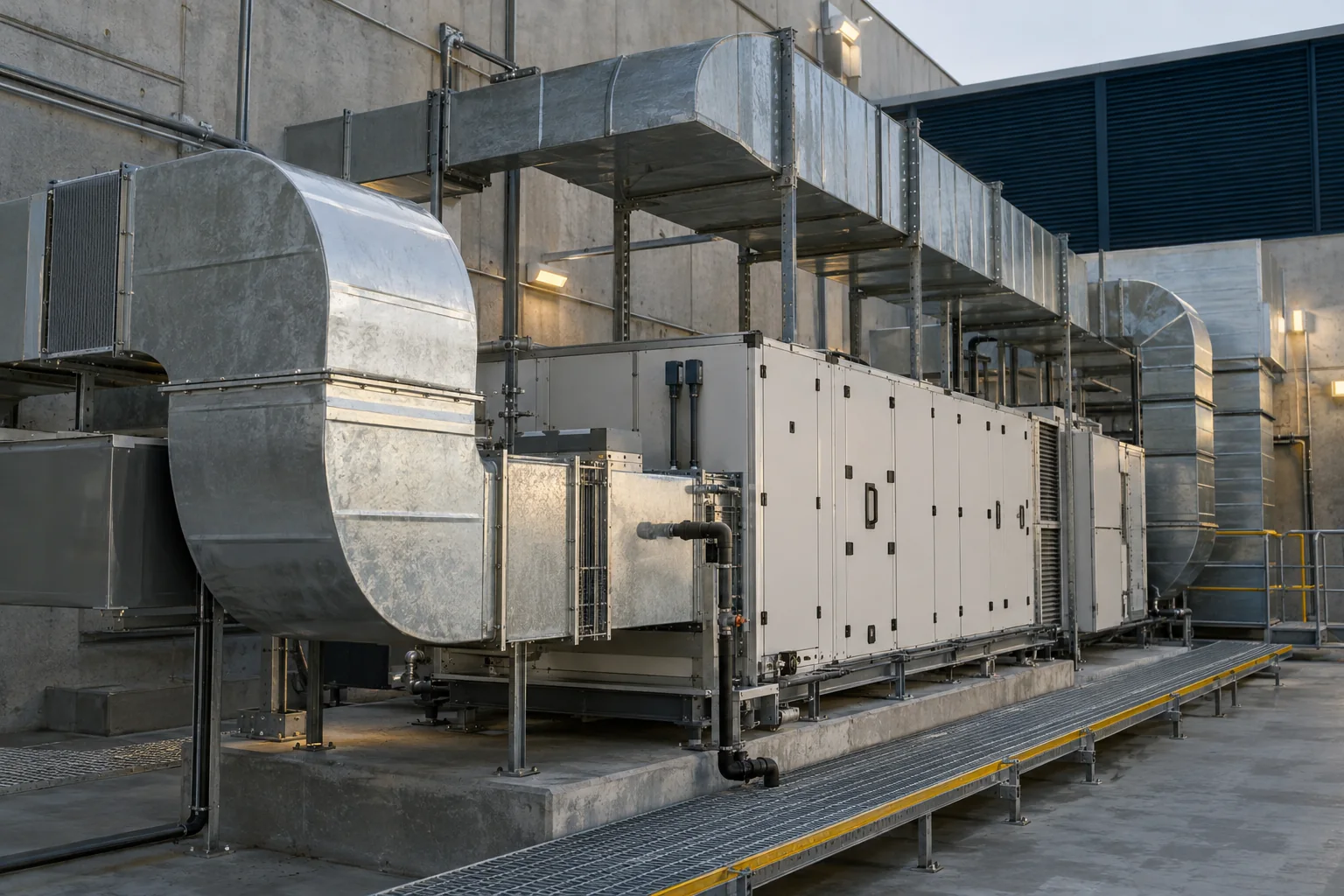 Instalación de ventilación con unidad técnica, ductos y acceso de mantenimiento.