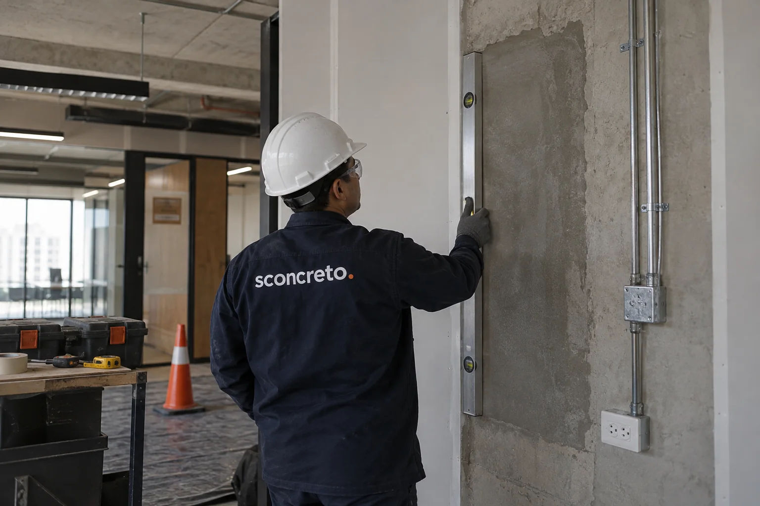 Adecuación de un espacio existente con divisiones e instalaciones visibles.